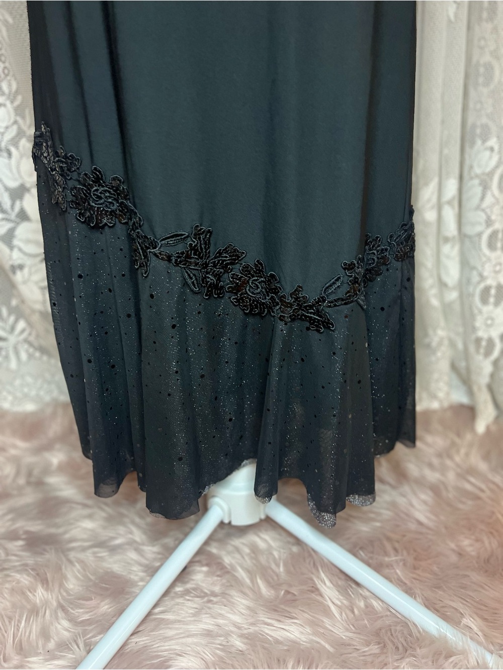Vintage y2k Women's Black Maxi Skirt with Lace and Sequin Hem M Fairy
